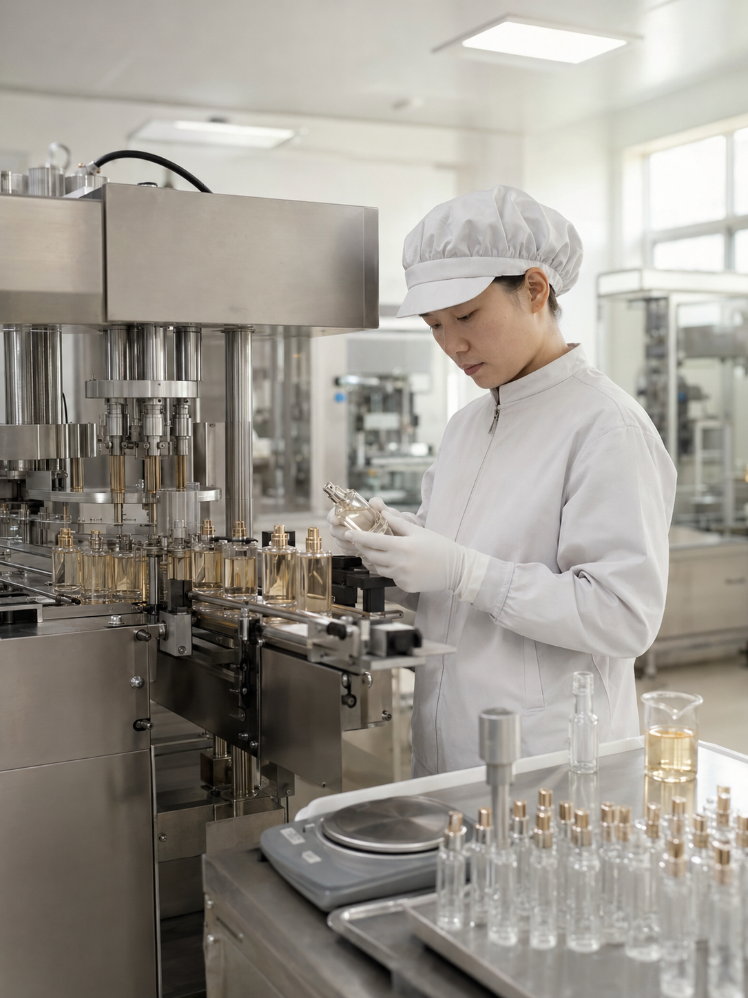 Línea de fabricación de perfumes con frascos terminados