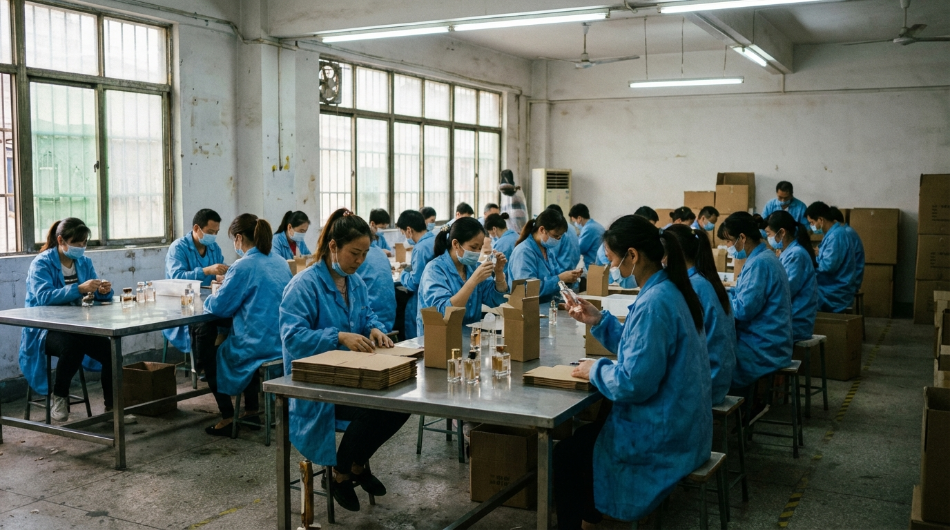 Factory workers and quality control on the perfume production floor