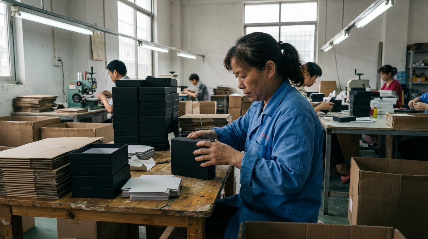 Perfume packaging factory worker assembling luxury rigid boxes