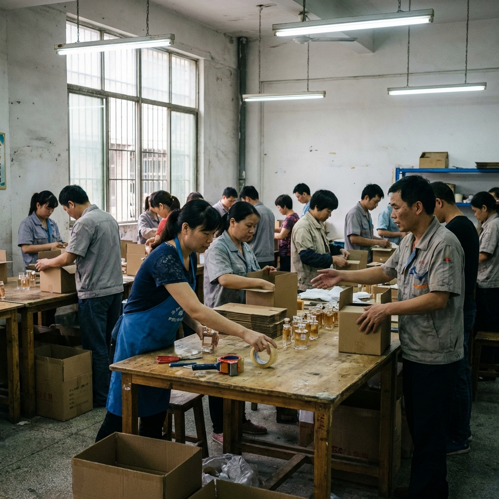 Perfume packaging and assembly on the factory floor