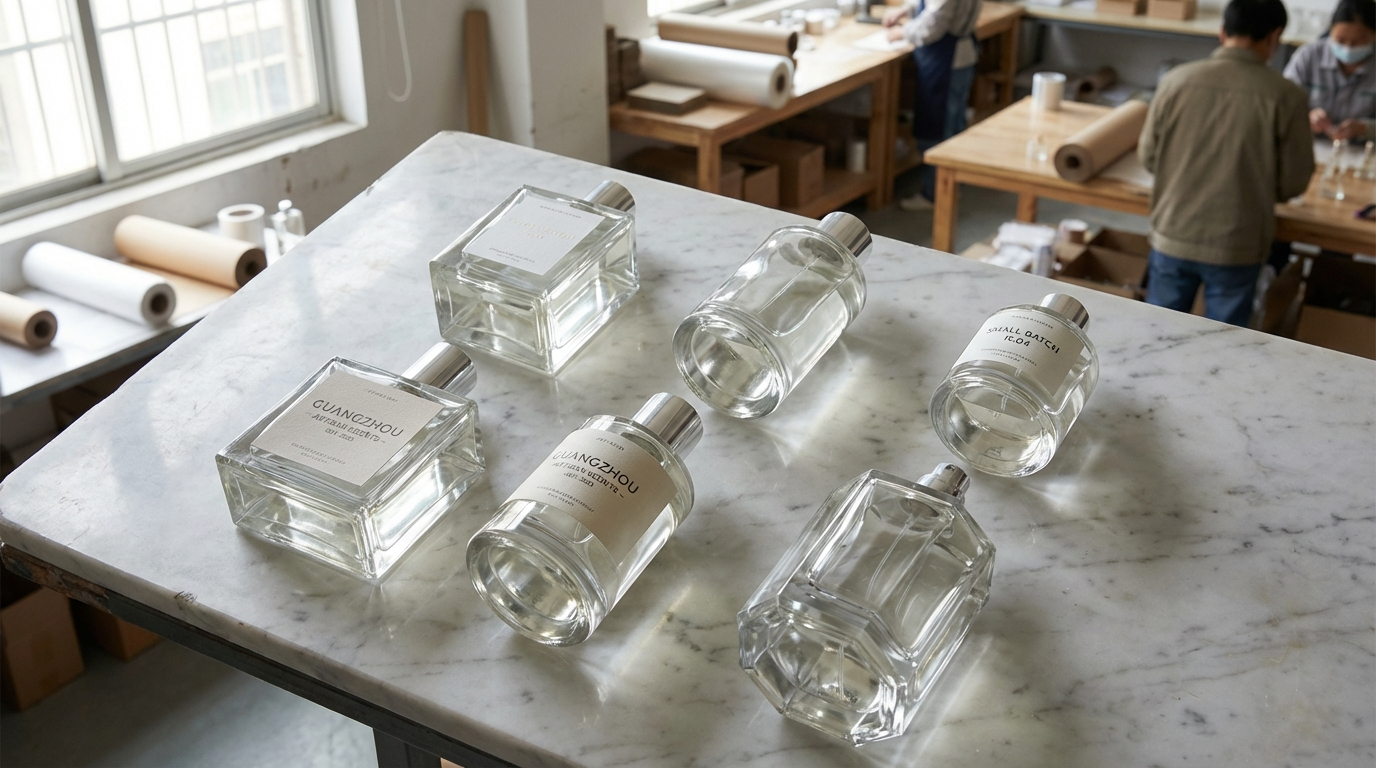 Premium glass perfume bottles — luxury flat lay