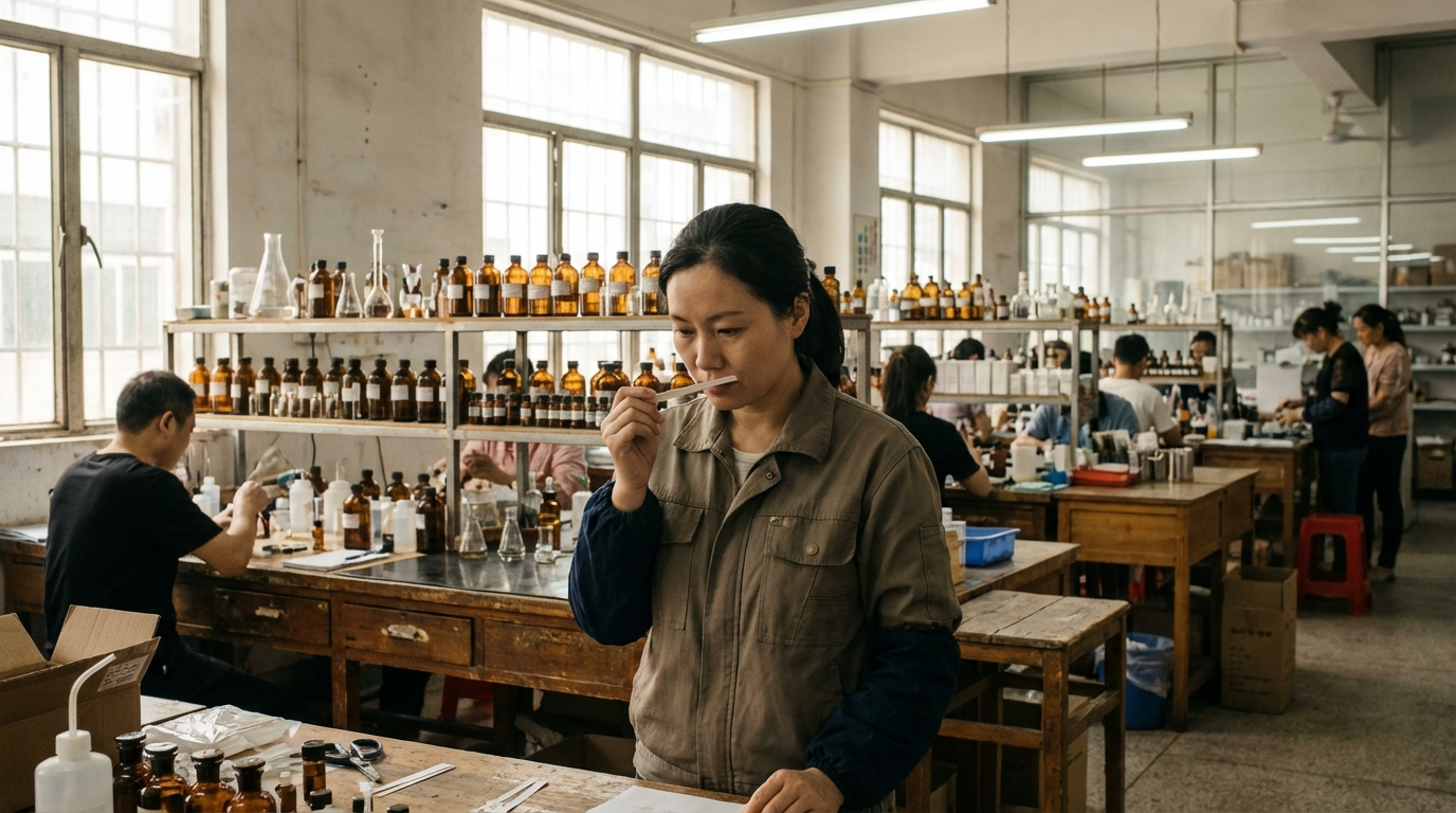 Perfumer evaluating a signature scent during custom fragrance development